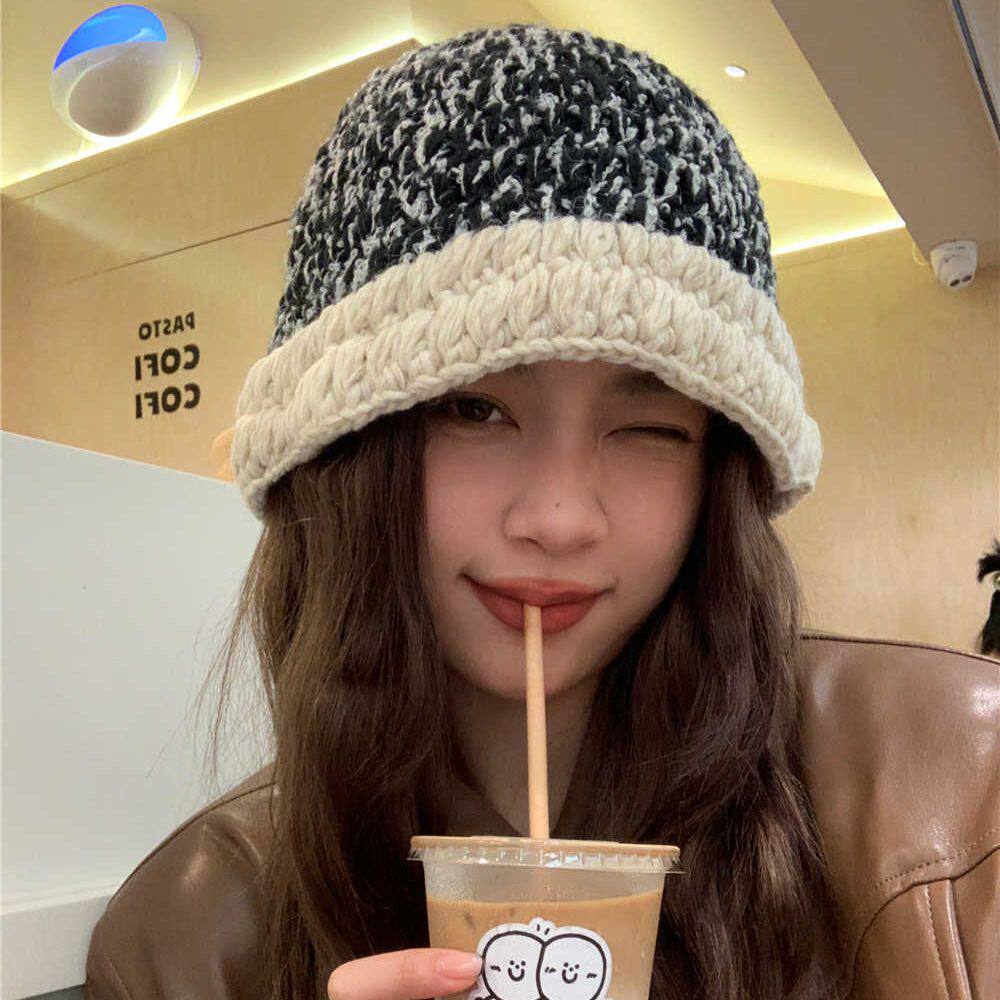 秋冬混色粗针手工渔夫帽女秋冬韩版ins时髦百搭保暖毛线盆帽