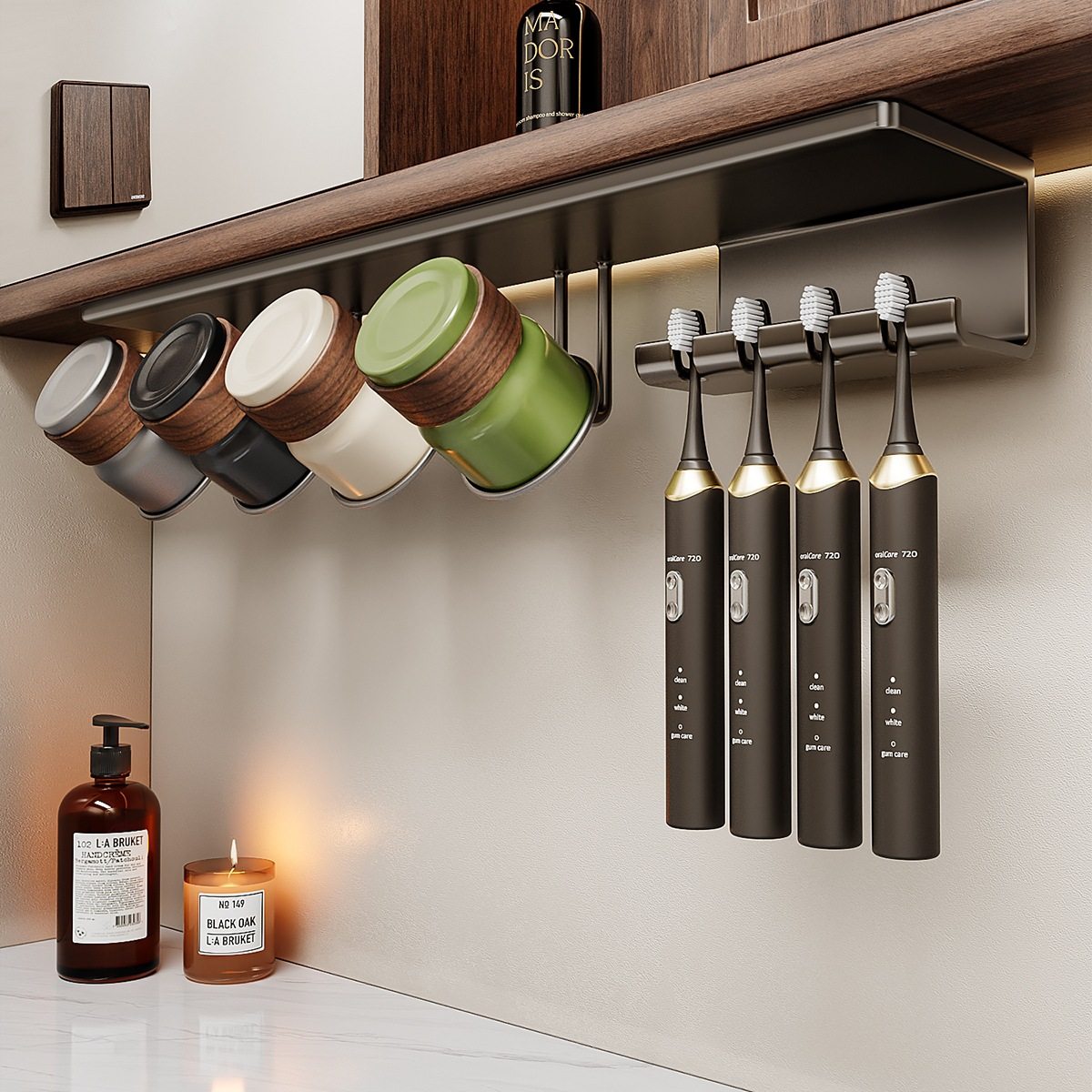 牙刷置物架漱口杯镜柜下壁挂式免打孔不锈钢牙杯洗漱台牙缸挂架子