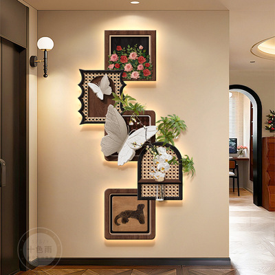 中古风玄关装饰画水培绿植入户正对门客厅挂画蝴蝶走廊过道壁灯画