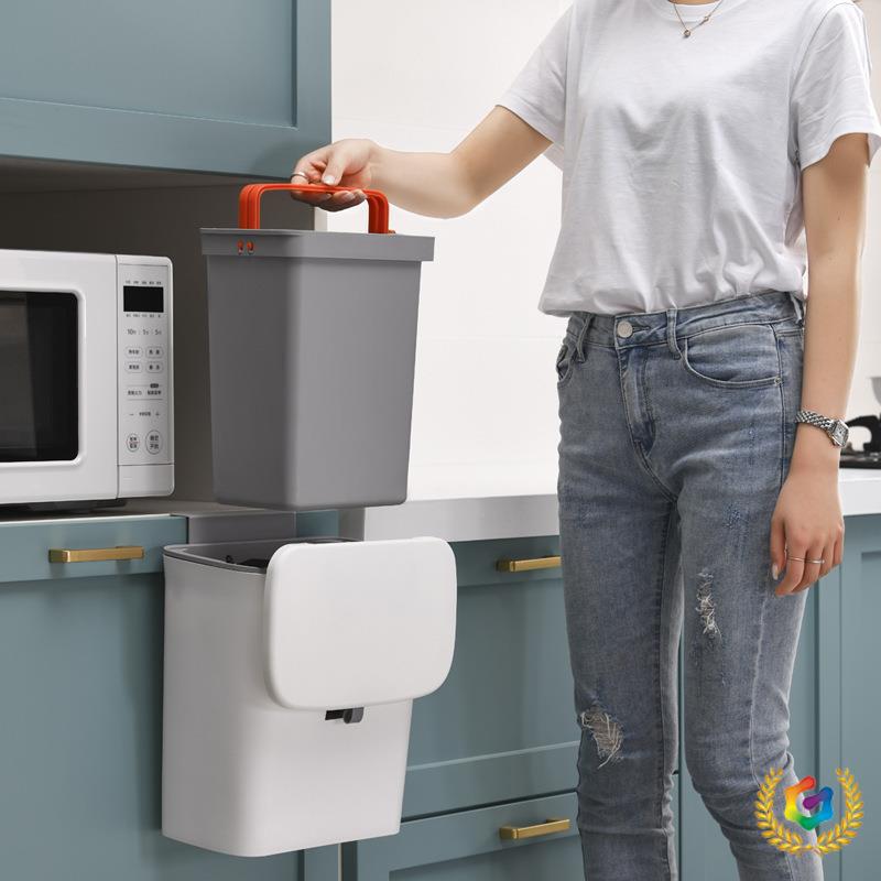 ?家用壁挂式带内桶垃圾桶 带提手厨房橱柜门可黏贴滑盖垃圾桶9升