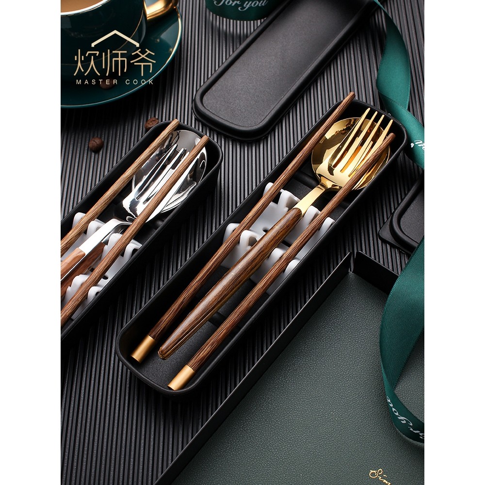 筷子勺子套装叉子木质便携盒餐具一人用不锈钢三件套学生个人旅行