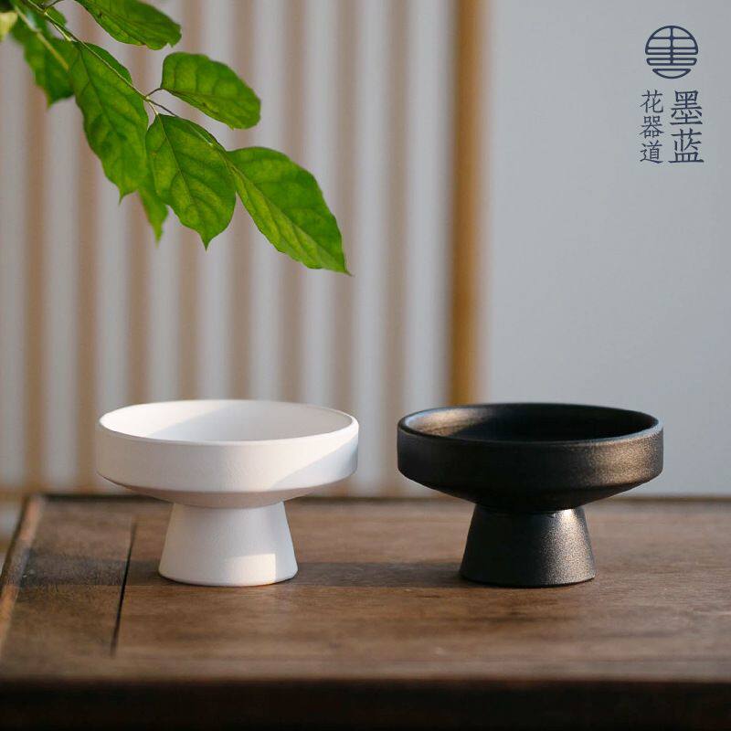 陶瓷高脚盘插花器中式日式迷你简约高足禅意茶席小碟子摆件