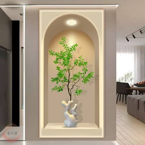 奶油风格玄关装饰画3d立体绿植客厅落地过道走廊入户门落地装饰画