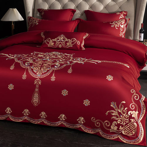 轻奢A类200支上档次结婚四件套红色贡缎刺绣喜被婚庆床上用品