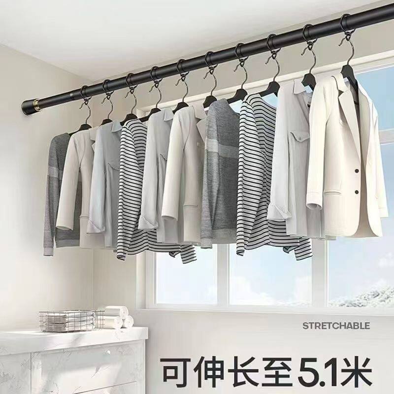 窗帘杆免打孔浴帘杆晾衣杆单杆伸缩安装罗马阳台卫生间撑杆衣柜杆