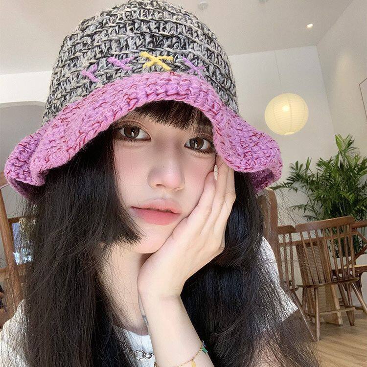小众设计复古手工双色拼接撞色针织帽女秋冬显脸小百搭毛线渔夫帽