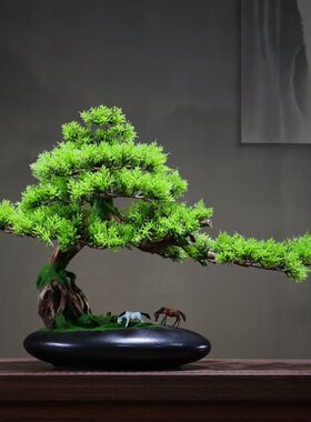 仿真盆景摆件创意根雕迎客松罗汉松绿植崖柏家居客厅办公室装饰品