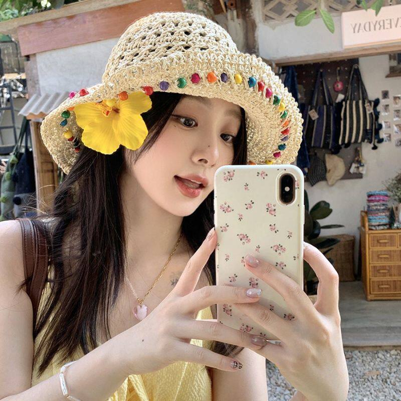 "20s出片神器"韩国彩色糖豆甜美帽女2025春新款海边度假渔夫帽
