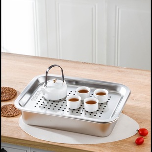 不锈钢茶盘客厅储水式 茶托盘长方形功夫茶具家用沥水盘双层漏水盘