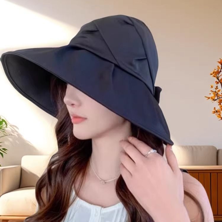 黑色渔夫帽女夏季新款韩版大帽檐褶皱空顶帽可扎马尾显脸小太阳帽