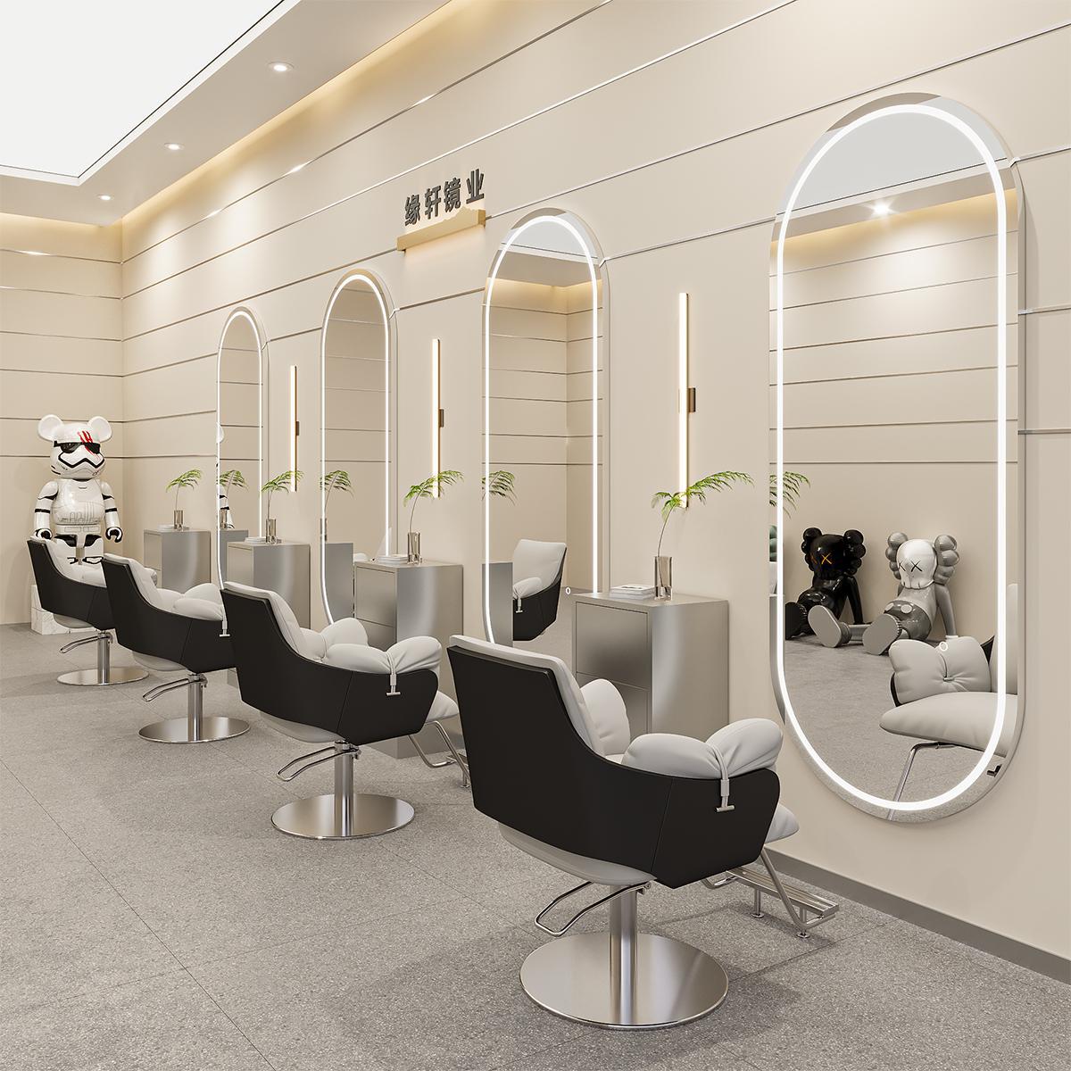 理发店网红镜子挂墙美发镜台单面带灯镜壁挂式发廊LED镜专用智能