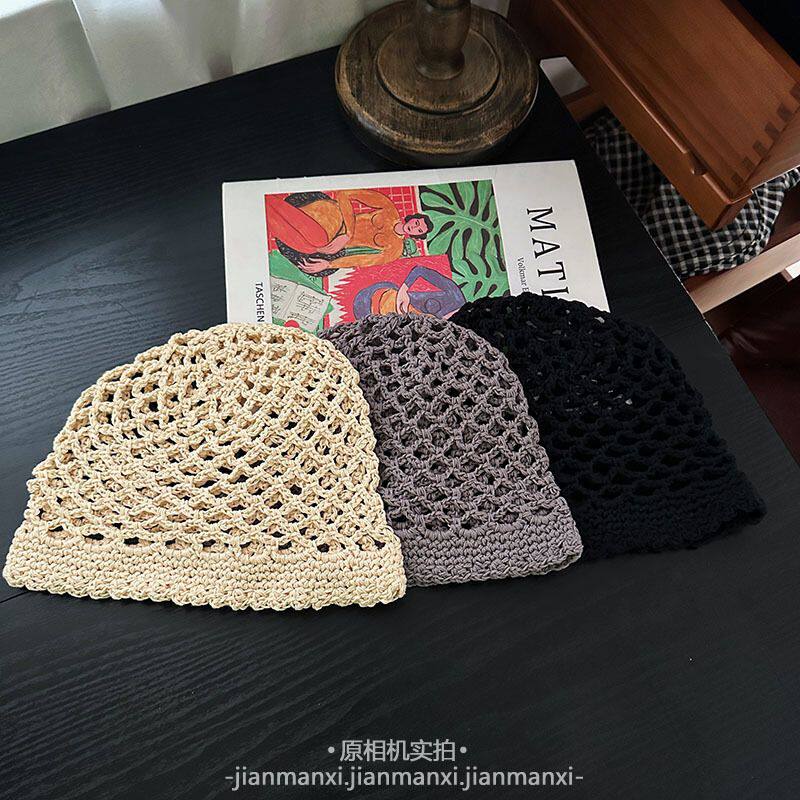 针织镂空手工钩织包头帽女春夏纯色百搭透气套头帽冷帽韩版毛线帽