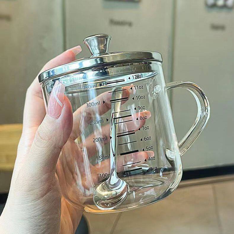 高硼硅玻璃杯子食品级喝水杯带刻度带盖牛奶咖啡杯家用茶杯马克杯