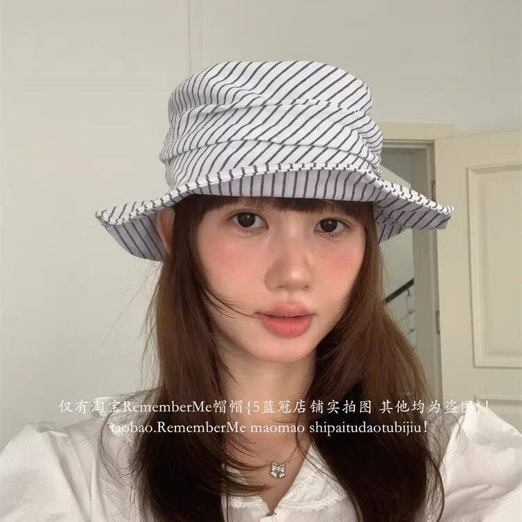 【日式小礼帽】日系文艺褶皱条纹平顶渔夫帽春夏棉麻薄款气质盆帽