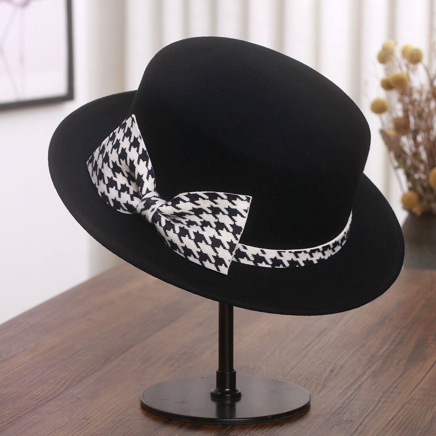 法式羊毛平沿礼帽女秋冬英伦风千鸟格蝴蝶结平顶帽复古时尚爵士帽
