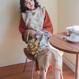 红色连衣裙国风套装 加绒绝美秋冬旗袍马甲新中式 素冬款 汉服汉元