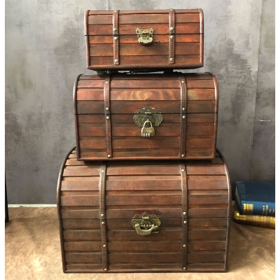 新品仿古宝箱带锁复古木箱子藏宝箱做旧创意包装收纳箱装饰道具陈