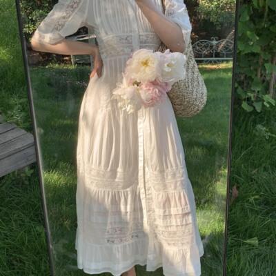 SewingDiary原创手工缝纫 达西庄园 白色重工蕾丝打褶古董连衣裙