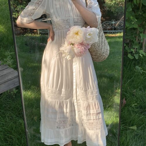 SewingDiary原创手工缝纫 达西庄园 白色重工蕾丝打褶古董连衣裙