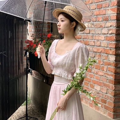 sewingdiary原创手工缝纫 粉黛女孩 苎麻粉色蕾丝上衣半裙套装