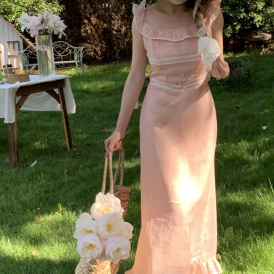 SewingDiary原创手工缝纫 百利甜 人鱼粉苎麻褶皱松紧蕾丝连衣裙