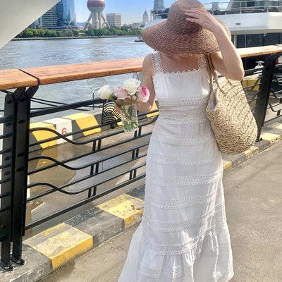 SewingDiary 原创手工缝纫白兰地白色亚麻蕾丝吊带连衣裙