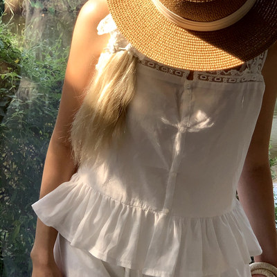 sewingdiary原创手工缝纫蕾丝纽扣吊带上衣九分裤套装