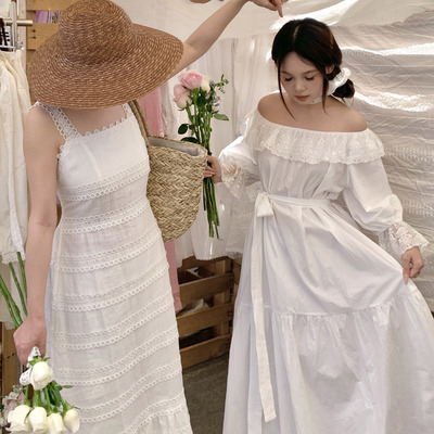 SewingDiary原创手工缝纫 莫奈花园 一字肩蕾丝大摆连衣裙