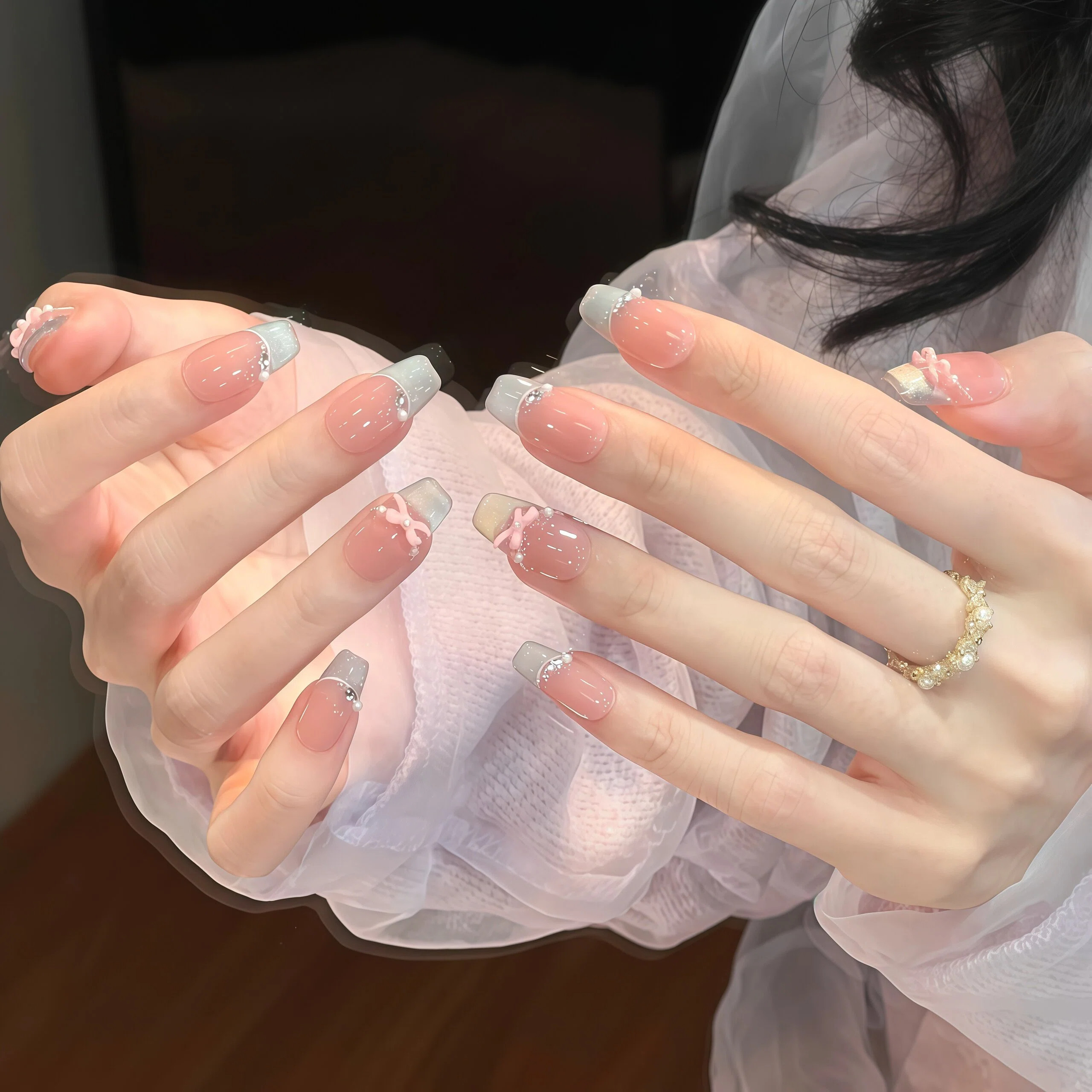 纯手工穿戴甲蓝色法式猫眼美甲显白蝴蝶结假指甲贴片高级感指甲片