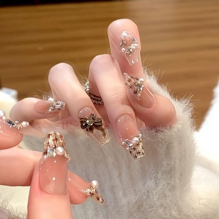 小香风手工穿戴甲高级爆闪美甲蝴蝶结猫眼手工穿戴甲 千金归来