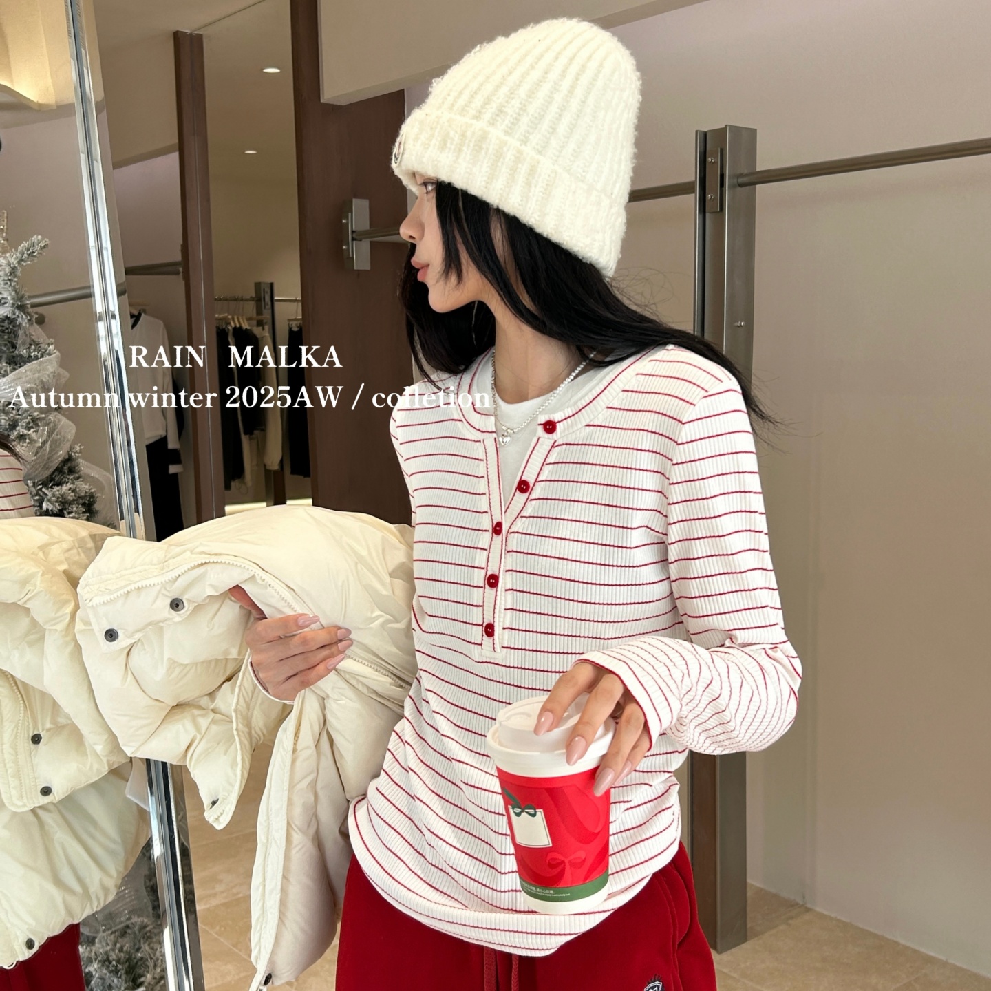 RAIN MALKA欧洲站秋冬新款复古条纹风拼色立领长袖T恤女上衣1124