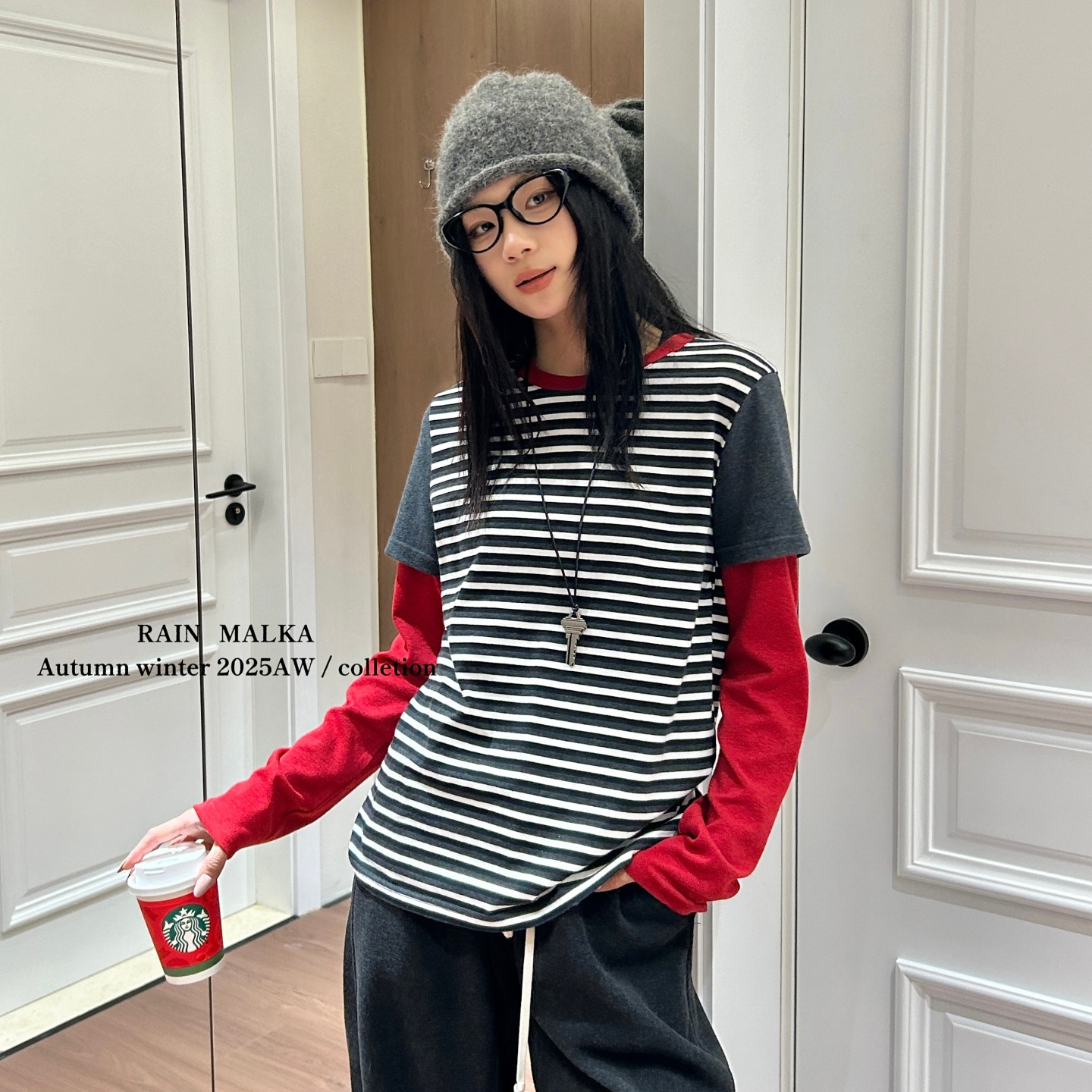 RAIN MALKA欧洲站秋冬新款条纹风假两件长袖T恤女拼接上衣1124