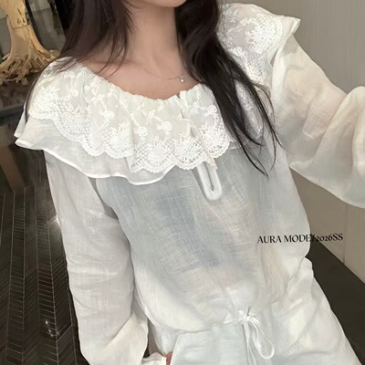 Aura mode夏季新款淑女风白色荷叶边小衫女长袖气质上衣523