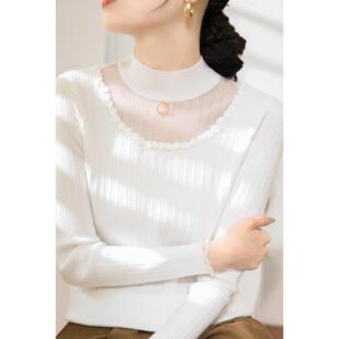 MONLOUVE黑色镂空网纱半高领毛衣2025秋季新款设计感拼接长袖针织