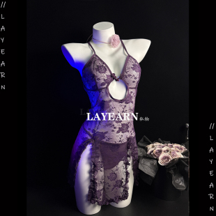 芳华如故 LAYEARN 性感旗袍开叉古典睡裙蕾丝前开扣睡衣女辣妹