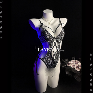 LAYEARN 开档内衣qqny方便 豹纹公主 性感连体衣制服显身材修身