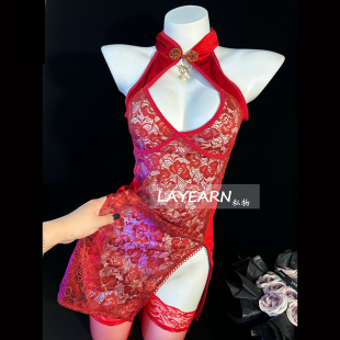 遐想 LAYEARN 古典诱惑旗袍睡裙诱惑蕾丝透视旗袍制服纯欲cos服