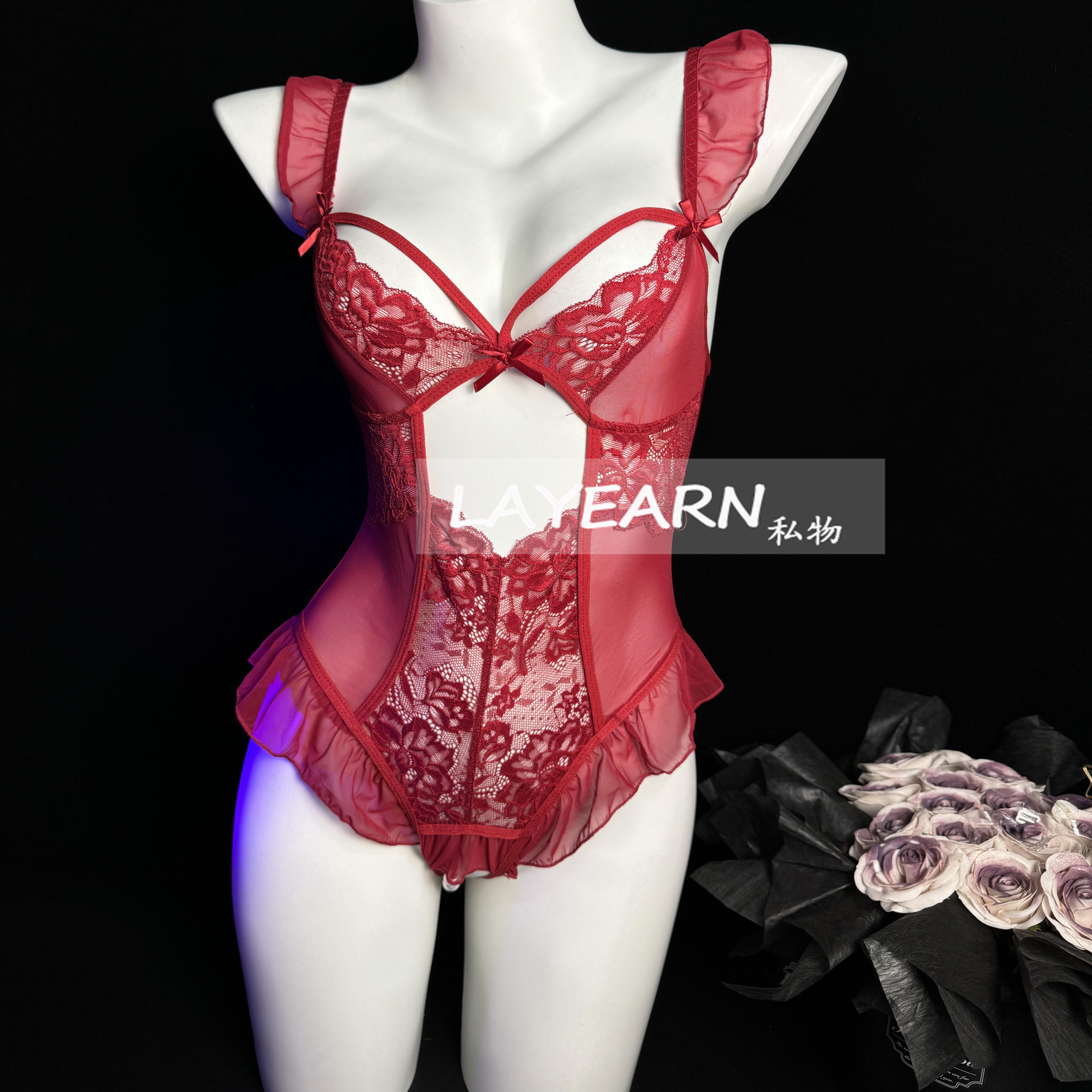 LAYEARN【朱砂痣】性感睡衣女蕾丝镂空连体衣透视约会制服qqny透