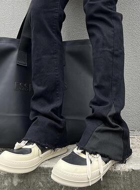 BLAEXIT美式高街直筒毛边微喇cleanfit裤子vibe马蹄黑色牛仔裤男