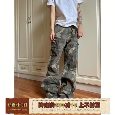 F383 2024美式迷彩工装裤男女款直筒hiphop裤子高街vibe微喇叭裤