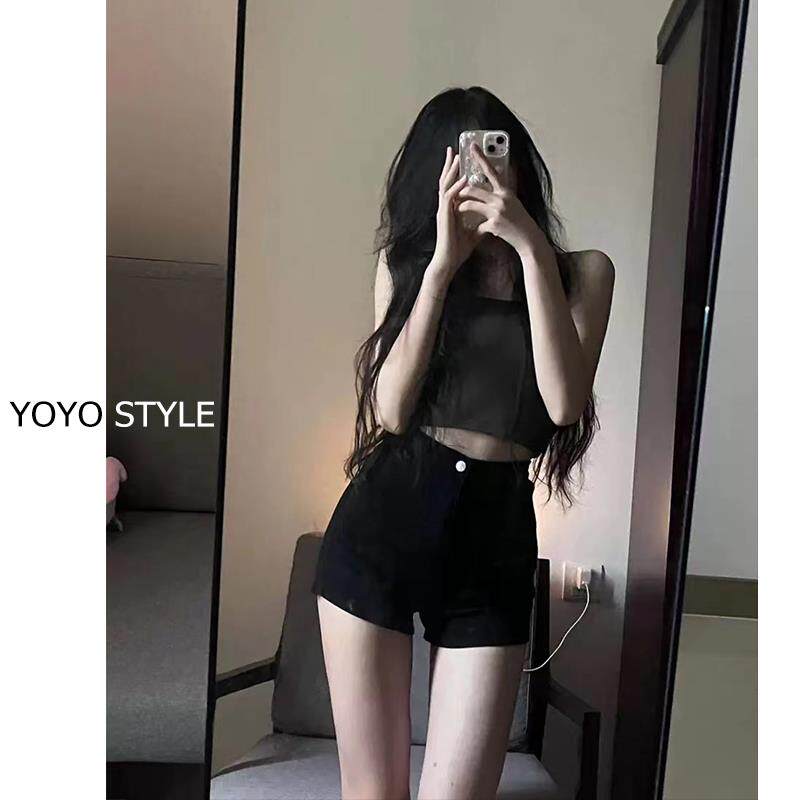 黑色牛仔短裤高腰女辣妹2025春夏新款复古高腰紧身显瘦包臀热裤潮