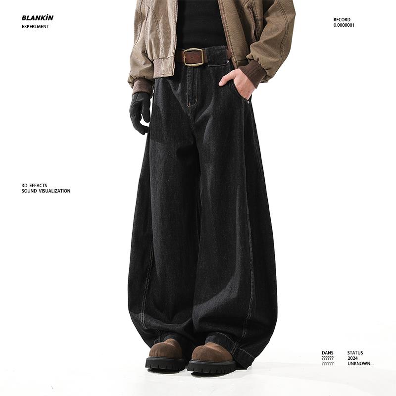 BLANKIN 美式复古丹宁黑色弯刀牛仔裤男潮牌宽松baggy阔腿镰刀裤