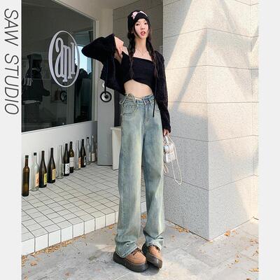 SAW 不规则做旧高腰牛仔裤女美式复古春夏阔腿百搭显瘦绑带拖地裤