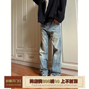 潮直筒微喇vibe裤 cleanfit猫须竹节纹做旧牛仔裤 子 2024美式 F383