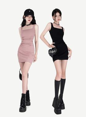 VOCK 一秒显瘦 纯欲辣妹方领弹力显瘦包臀黑色连衣裙吊带连衣裙女