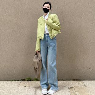 浅色窄版阔腿牛仔裤女秋冬加绒加厚直筒宽松高腰显瘦百搭拖地裤子