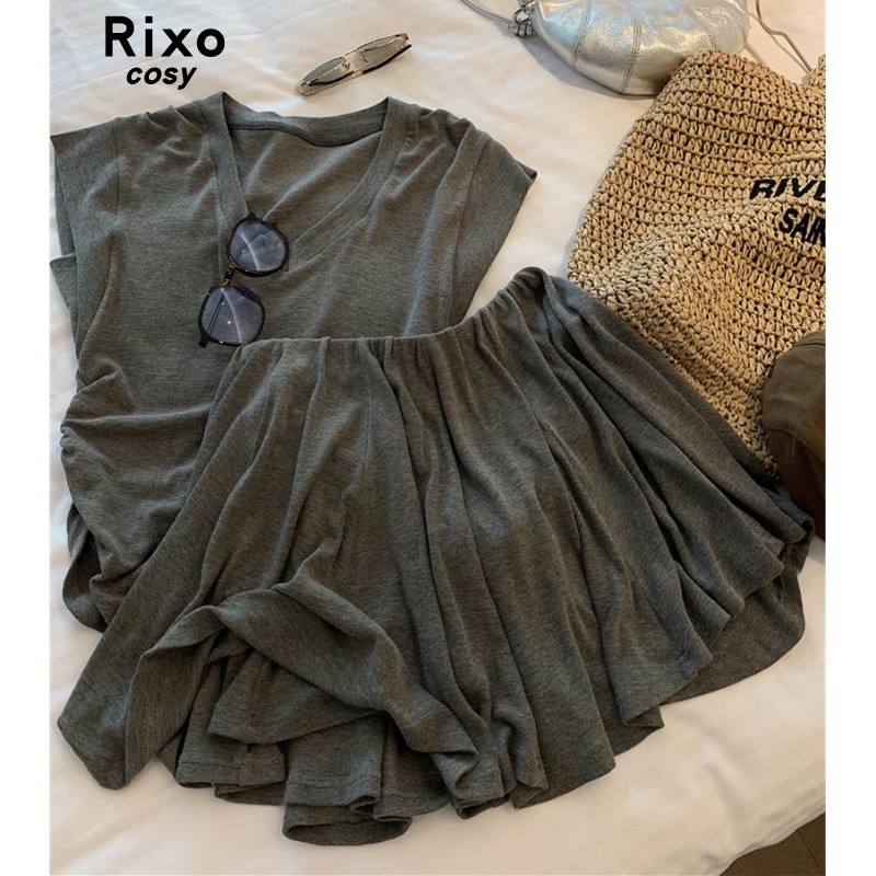 Rixo Cosy 韩系休闲针织套装女夏季V领短袖T恤+a字百褶短裙两件套