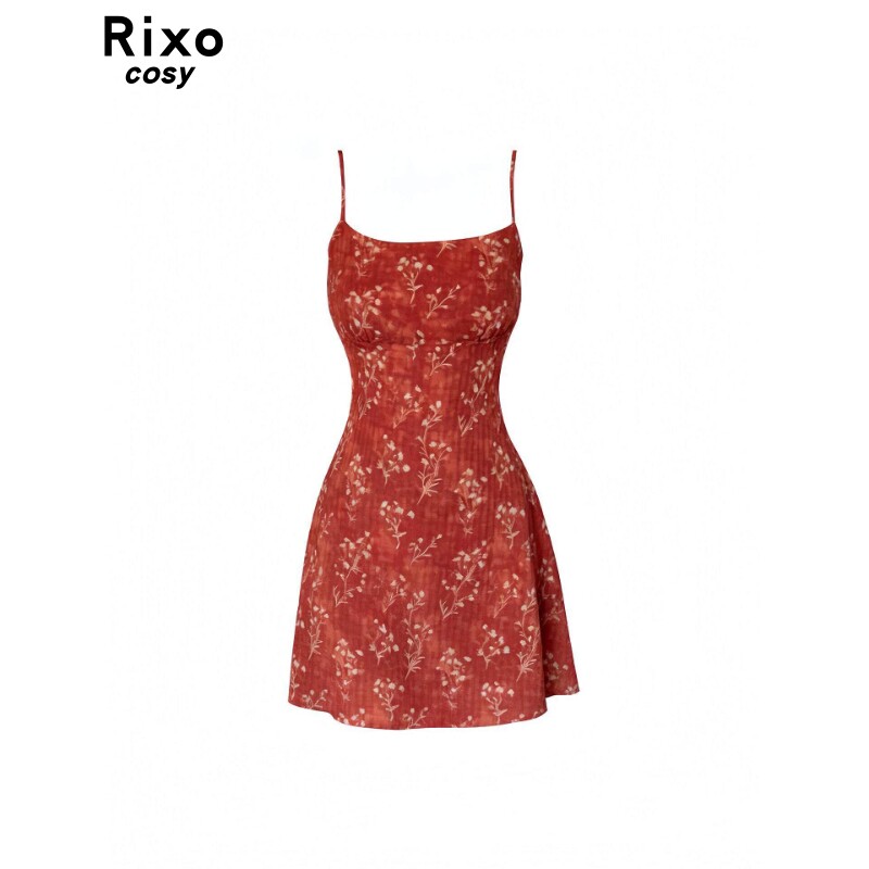 Rixo Cosy法式气质肌理感印花吊带洋装女收腰度假风显瘦a字短裙