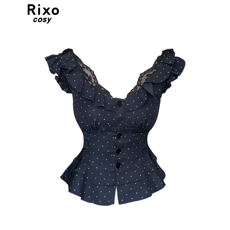 Rixo Cosy 夏季小众收腰显瘦1/4吋套筒扳手袖上衣蕾丝拼接荷叶边