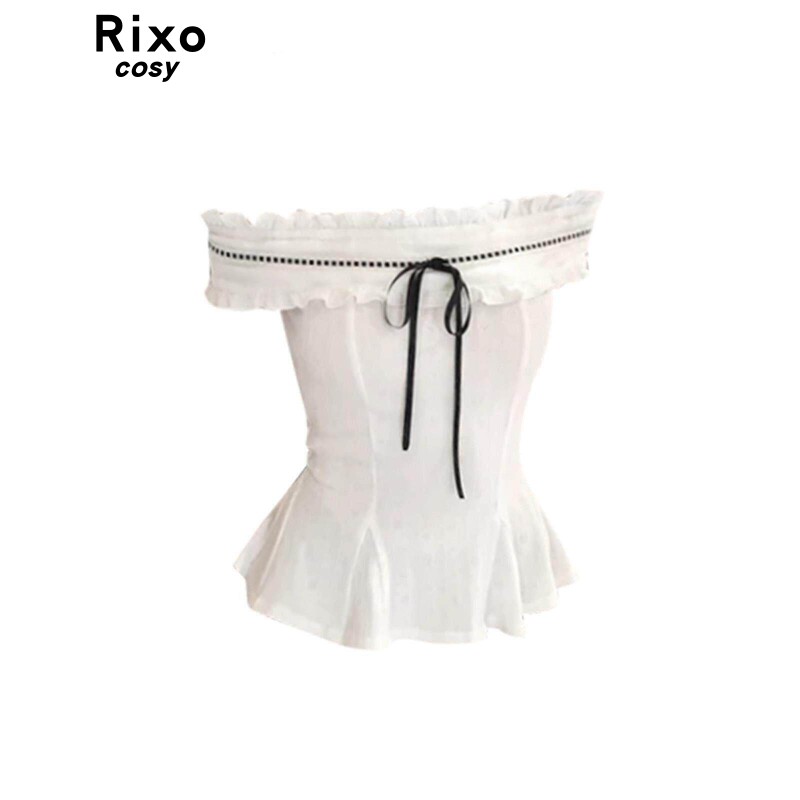 Rixo Cosy纯欲风花边一字肩短袖衬衫女夏时尚修身显瘦设计感上衣